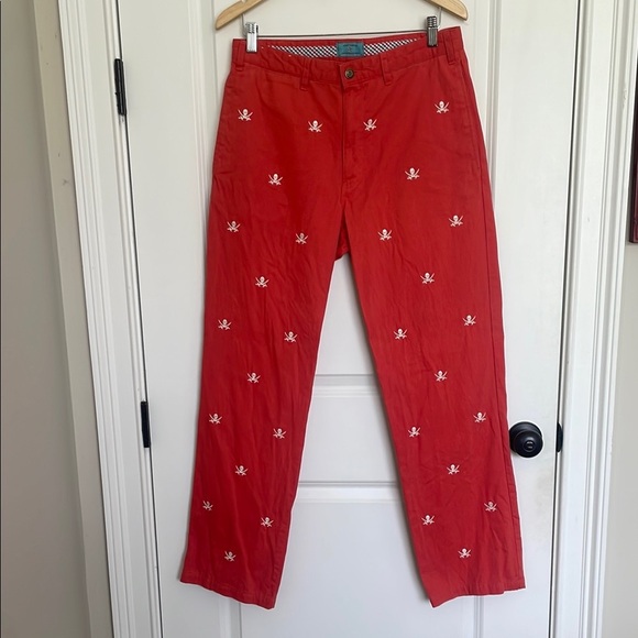 Castaway Nantucket Island Clothing Men’s Embroidered Pirate Skull Pants Coral 32